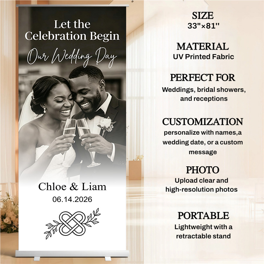 Customized wedding retractable banners - personalized photo wedding welcome signs, reception decorations and background curtains